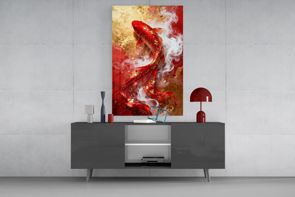 Alcohol-ink koi cinematic glass wall art in light-filled atelier
