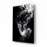 Smoke wolf phantom cinematic glass wall art over walnut console in designer entertainment den