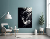 Phantom-wolf cinematic glass wall art in teen alt-music-fan bedroom