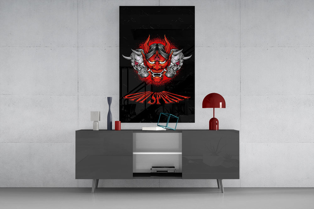 Japanese Noh theatre cinematic glass wall art in masculine-luxe study