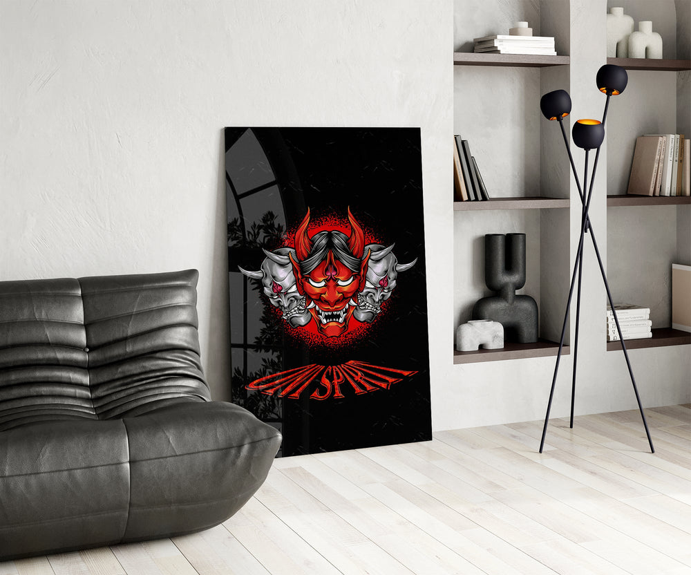 Hannya-mask cinematic glass wall art over modern bar console