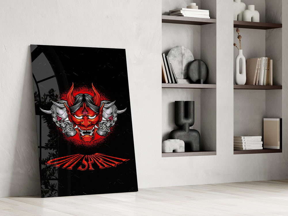 Cyber-samurai demon cinematic glass wall art in private library reading nook