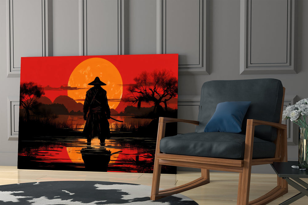 Graphic-novel samurai cinematic glass wall art in private library reading nook