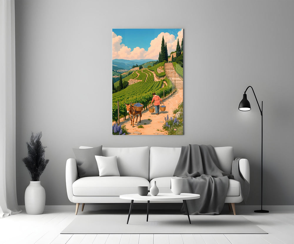 Studio-Ghibli pastoral cinematic glass wall art in heritage stairwell
