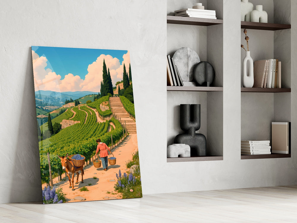 Cypress-and-vineyard cinematic glass wall art in private library reading nook