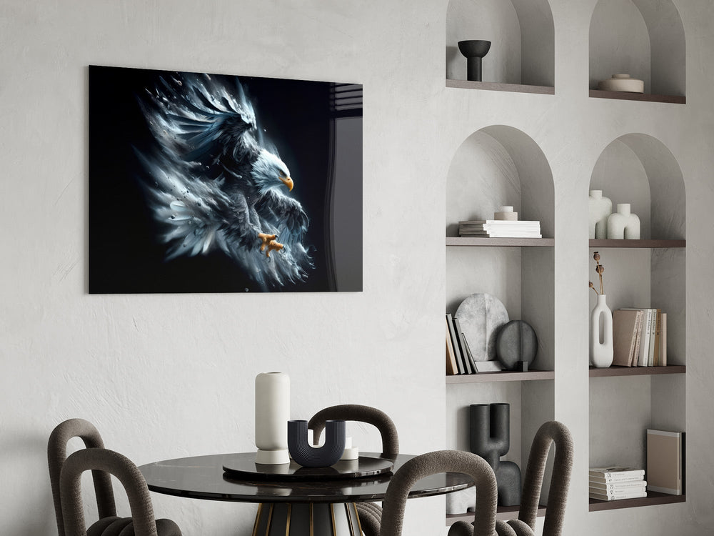 Saffron-beak eagle cinematic glass wall art over modern dining sideboard