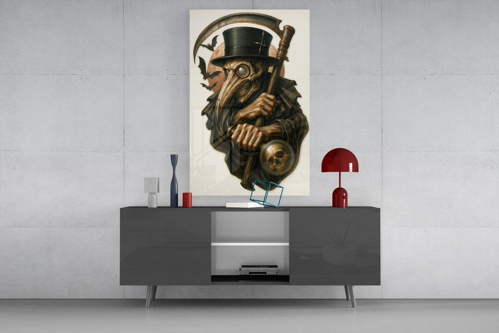 Tim-Burton macabre cinematic glass wall art in masculine-luxe study