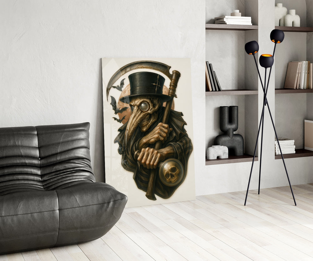 Skull-pommel cane cinematic glass wall art over modern bar console