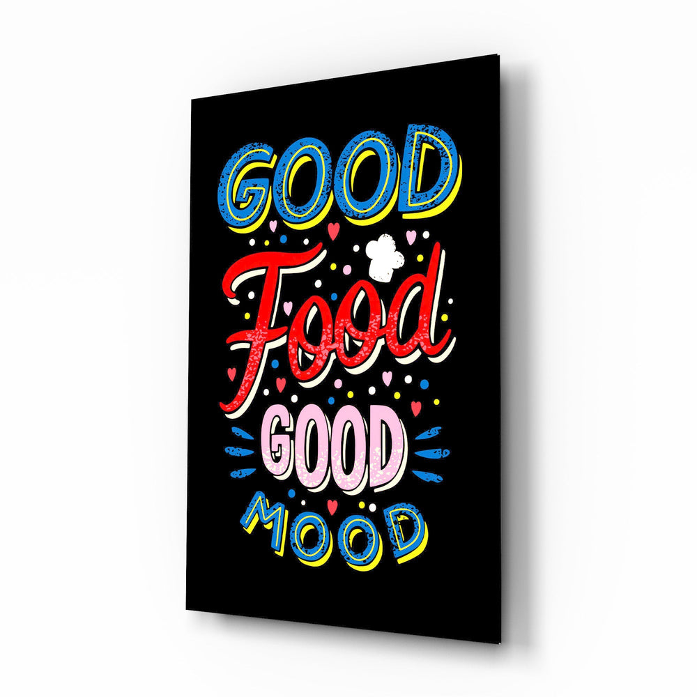 Good Food Good Mood typography cinematic glass wall art over walnut console in designer kitchen