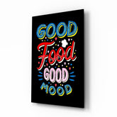 Good Food Good Mood typography cinematic glass wall art over walnut console in designer kitchen