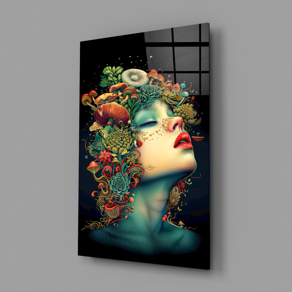 Surreal mycology forager cinematic glass wall art in botanical-themed bedroom