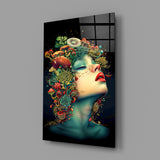 Surreal mycology forager cinematic glass wall art in botanical-themed bedroom