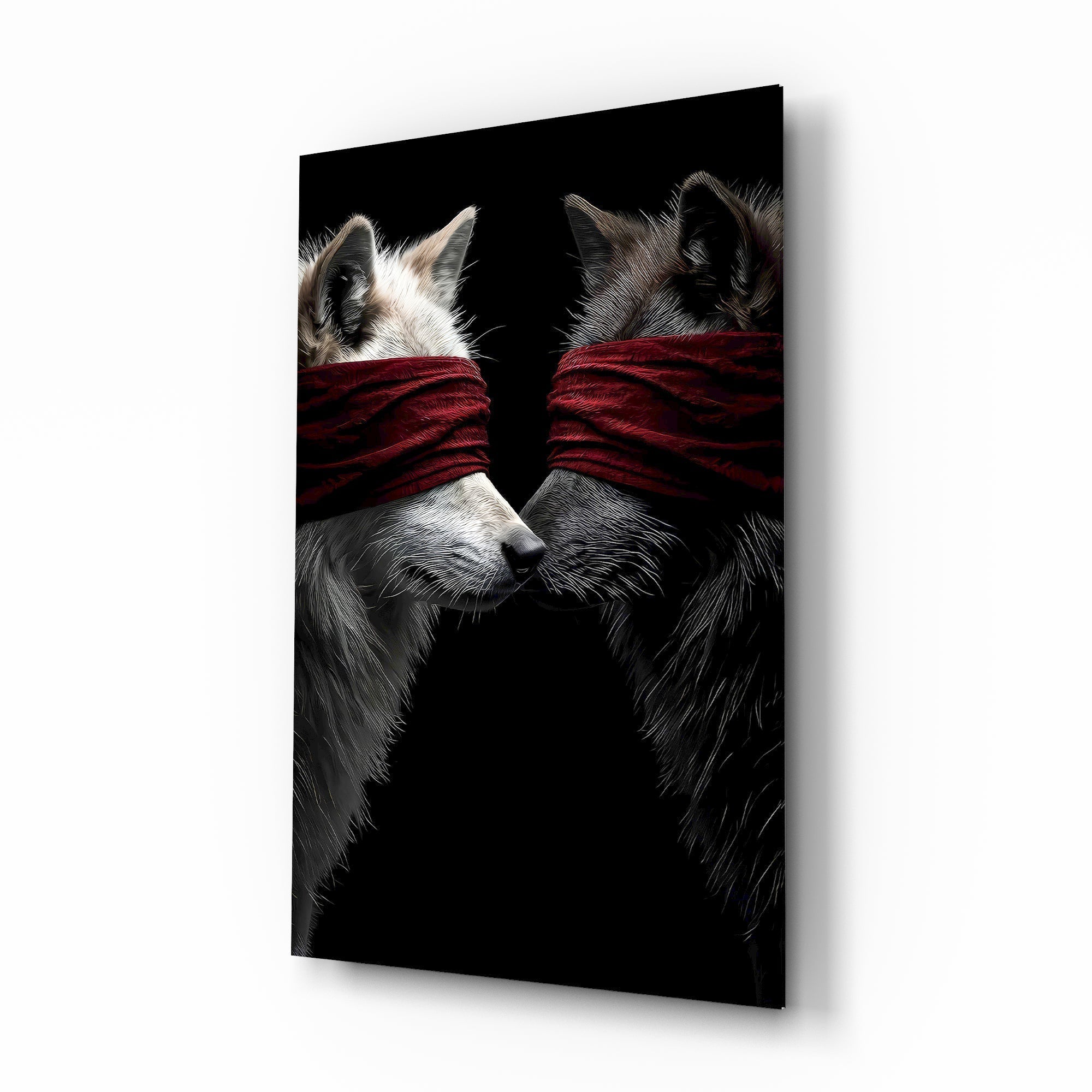 Blindfolded wolves pair cinematic glass wall art over walnut console in designer office