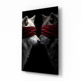 Blindfolded wolves pair cinematic glass wall art over walnut console in designer office