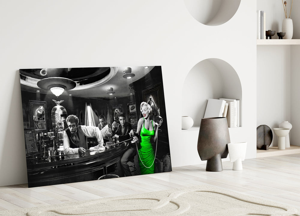 Chris-Consani-style cinematic glass wall art in heritage stairwell