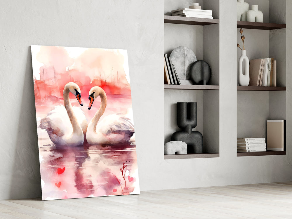 Watercolor swans cinematic glass wall art in private library reading nook