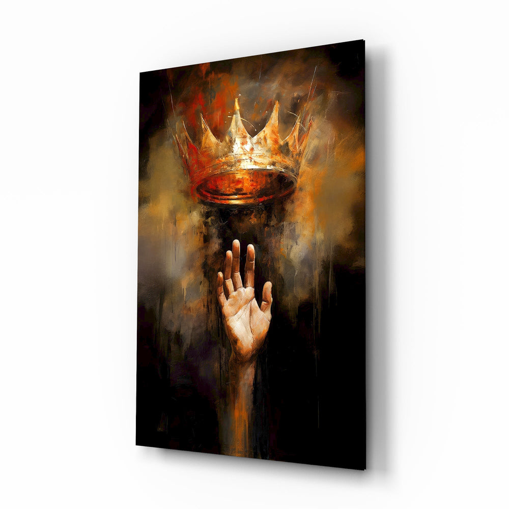 Crown and hand reaching cinematic glass wall art over walnut console in designer office