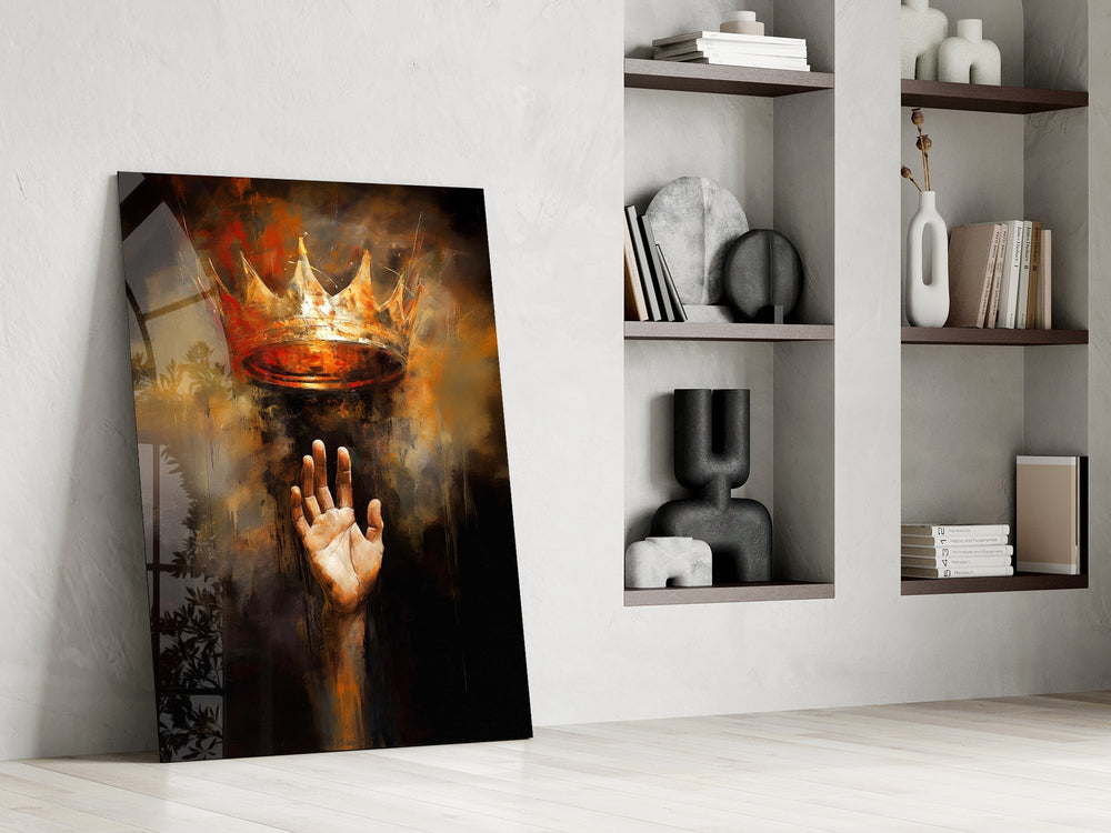 Old-Master allegory cinematic glass wall art in private library reading nook