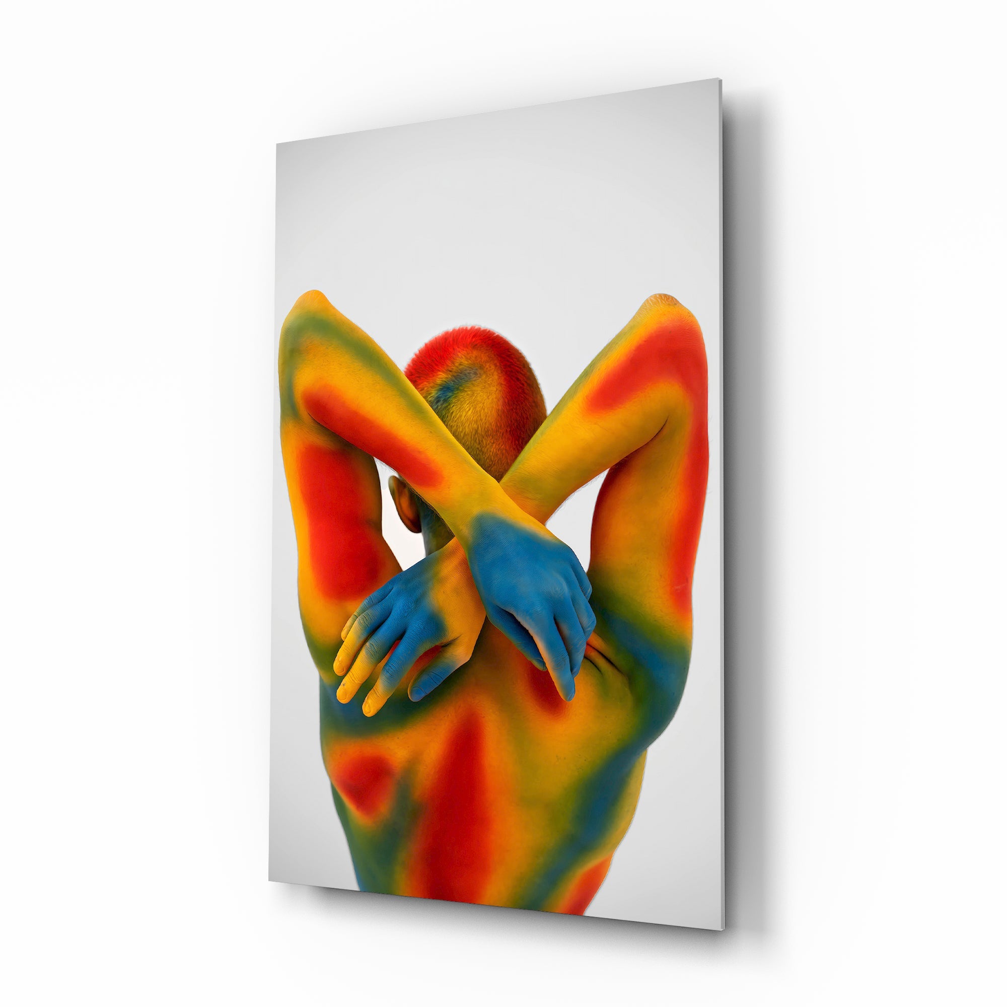 Thermal rainbow body art cinematic glass wall art over walnut console in designer wellness clinic