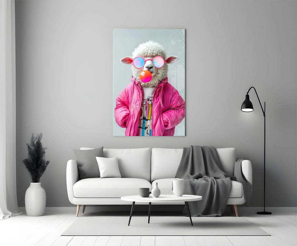 Pink-puffer sheep cinematic glass wall art in heritage stairwell