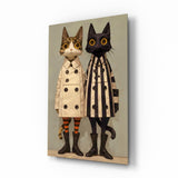 Trench coat cat pair cinematic glass wall art over walnut console in designer fashion atelier