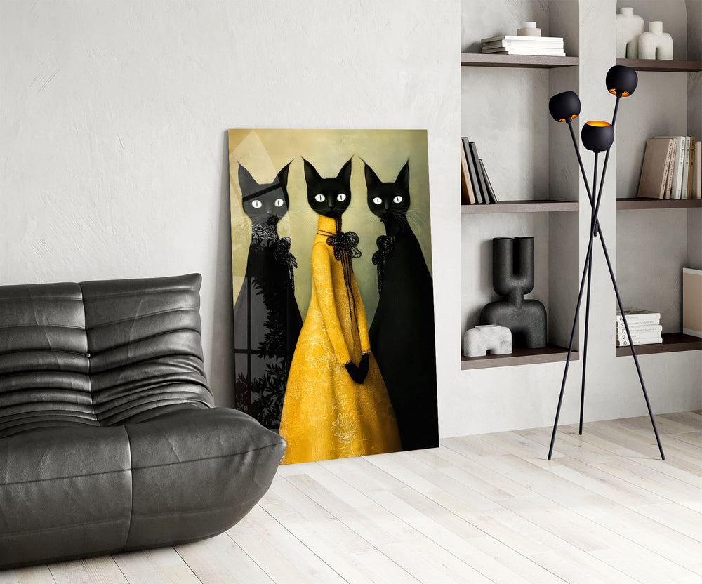 Marigold cat dress cinematic glass wall art over modern dining sideboard