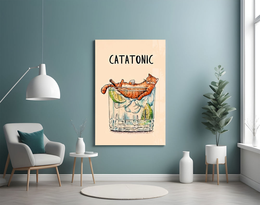 Cat-cocktail watercolor cinematic glass wall art in coffeeshop boutique