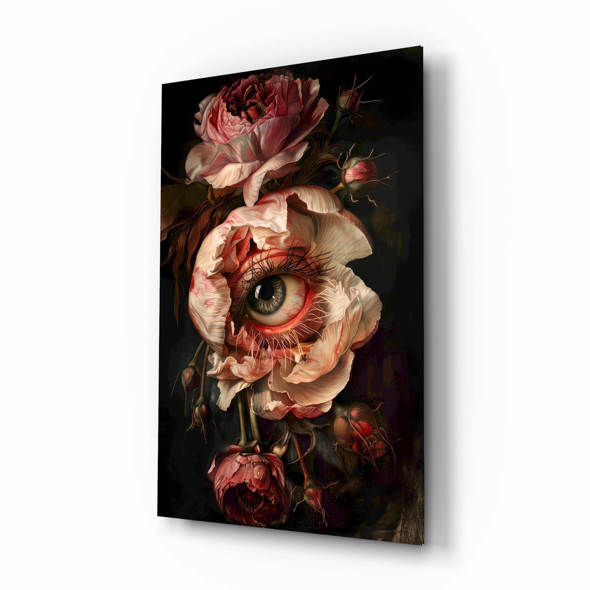 Surreal eyeball rose cinematic glass wall art over walnut console in designer fashion atelier