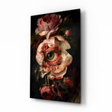 Surreal eyeball rose cinematic glass wall art over walnut console in designer fashion atelier