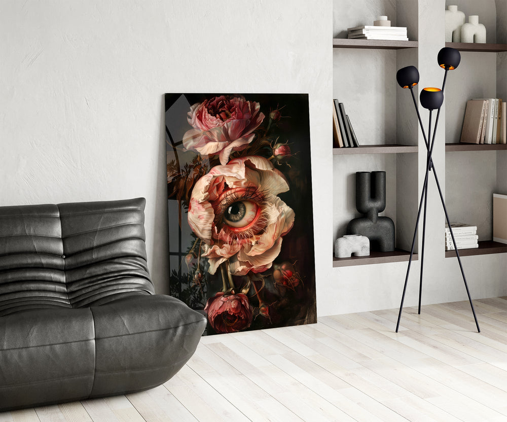 Burgundy bouquet cinematic glass wall art over modern dining sideboard