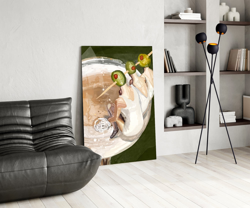 Emerald cocktail cinematic glass wall art over modern bar console
