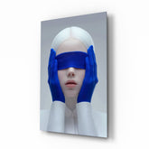 Cobalt blindfold porcelain muse cinematic glass wall art over walnut console in designer fashion atelier
