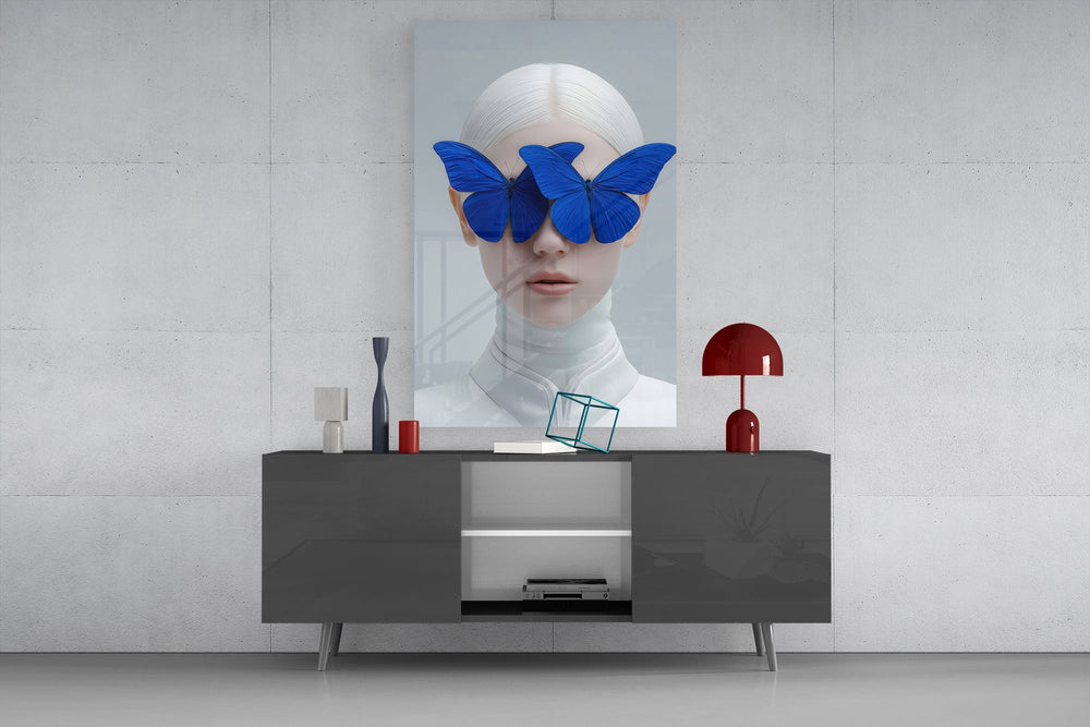 Klein-Blue muse cinematic glass wall art in light-filled atelier