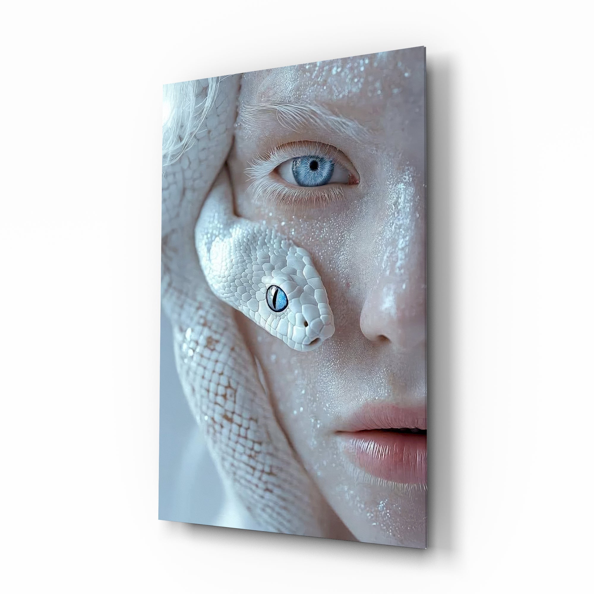 Snow white snake cheek cinematic glass wall art over walnut console in designer fashion atelier