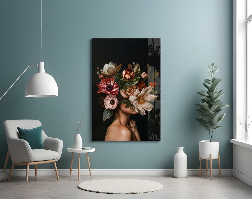 Magnolia headdress cinematic glass wall art in boutique-hotel suite
