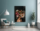 Magnolia headdress cinematic glass wall art in boutique-hotel suite