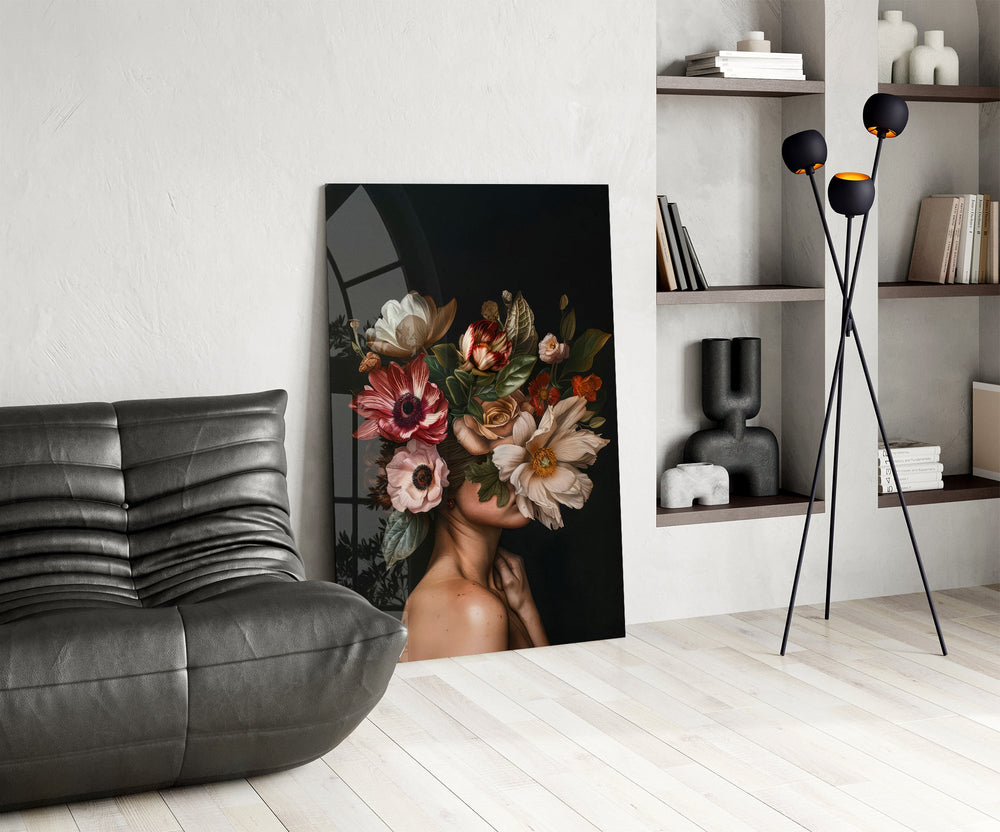 Surreal floral muse cinematic glass wall art over modern dining sideboard