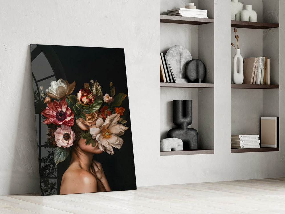 Mother-Nature mask cinematic glass wall art in private library reading nook
