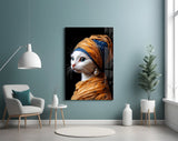 Tangerine-turban cat cinematic glass wall art in glamorous powder-room