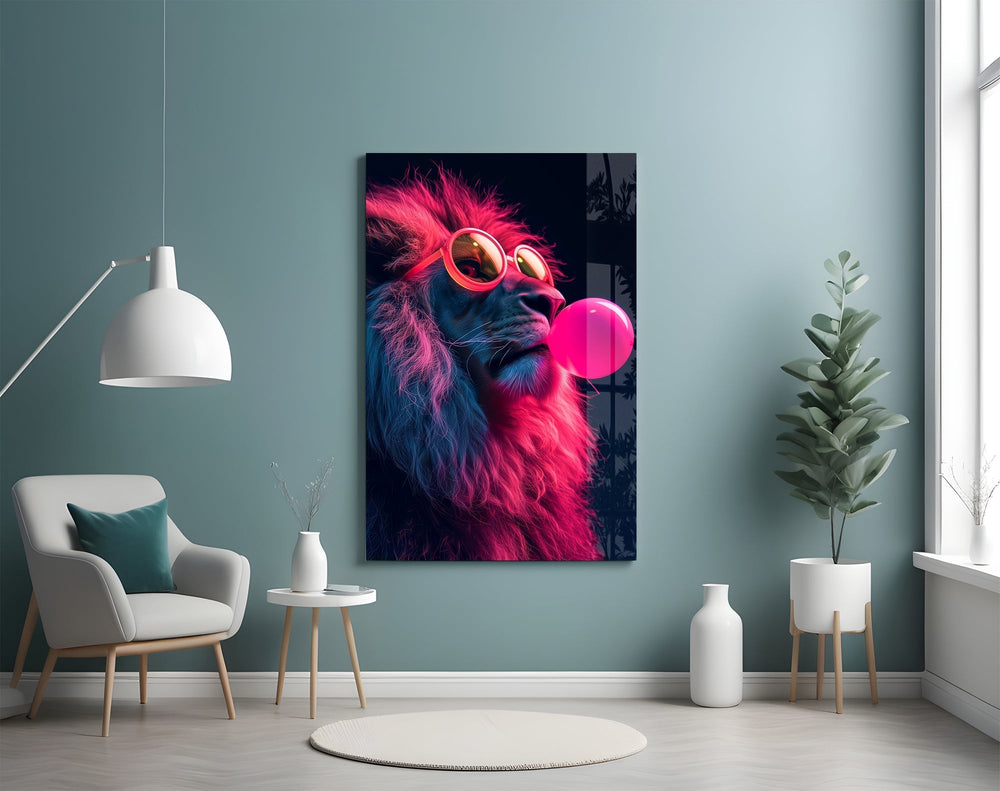 Magenta mane lion cinematic glass wall art in streetwear-boutique entry