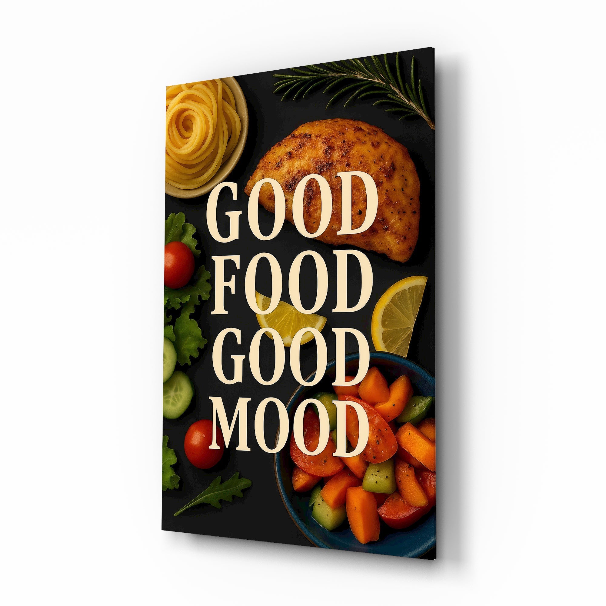 Good Food Good Mood flat lay cinematic glass wall art over walnut console in designer kitchen