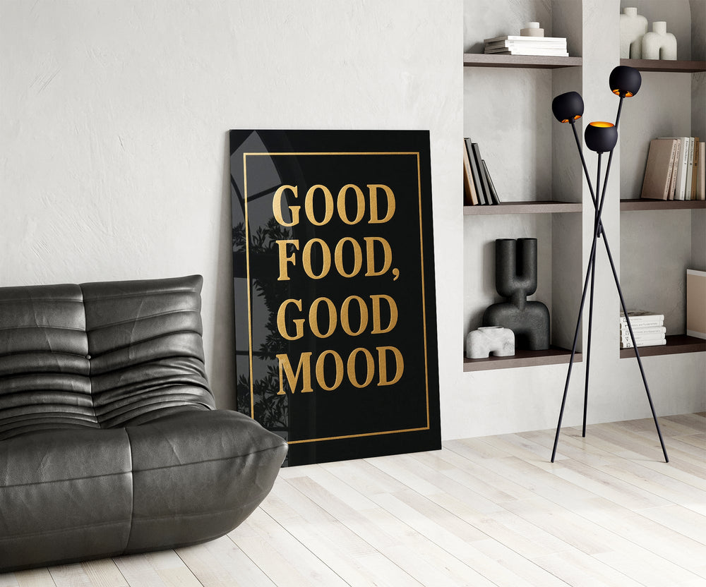 Gold-leaf foil cinematic glass wall art over modern dining sideboard