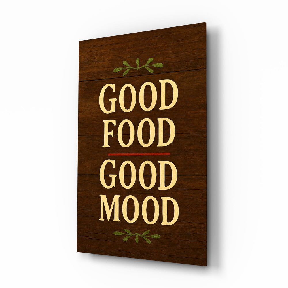 Good Food Good Mood walnut cinematic glass wall art over walnut console in designer kitchen