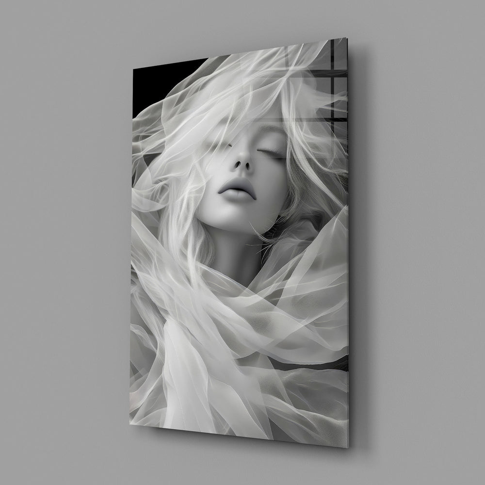 Symbolist ethereal cinematic glass wall art in feminine-luxe boudoir