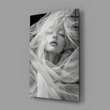 Symbolist ethereal cinematic glass wall art in feminine-luxe boudoir