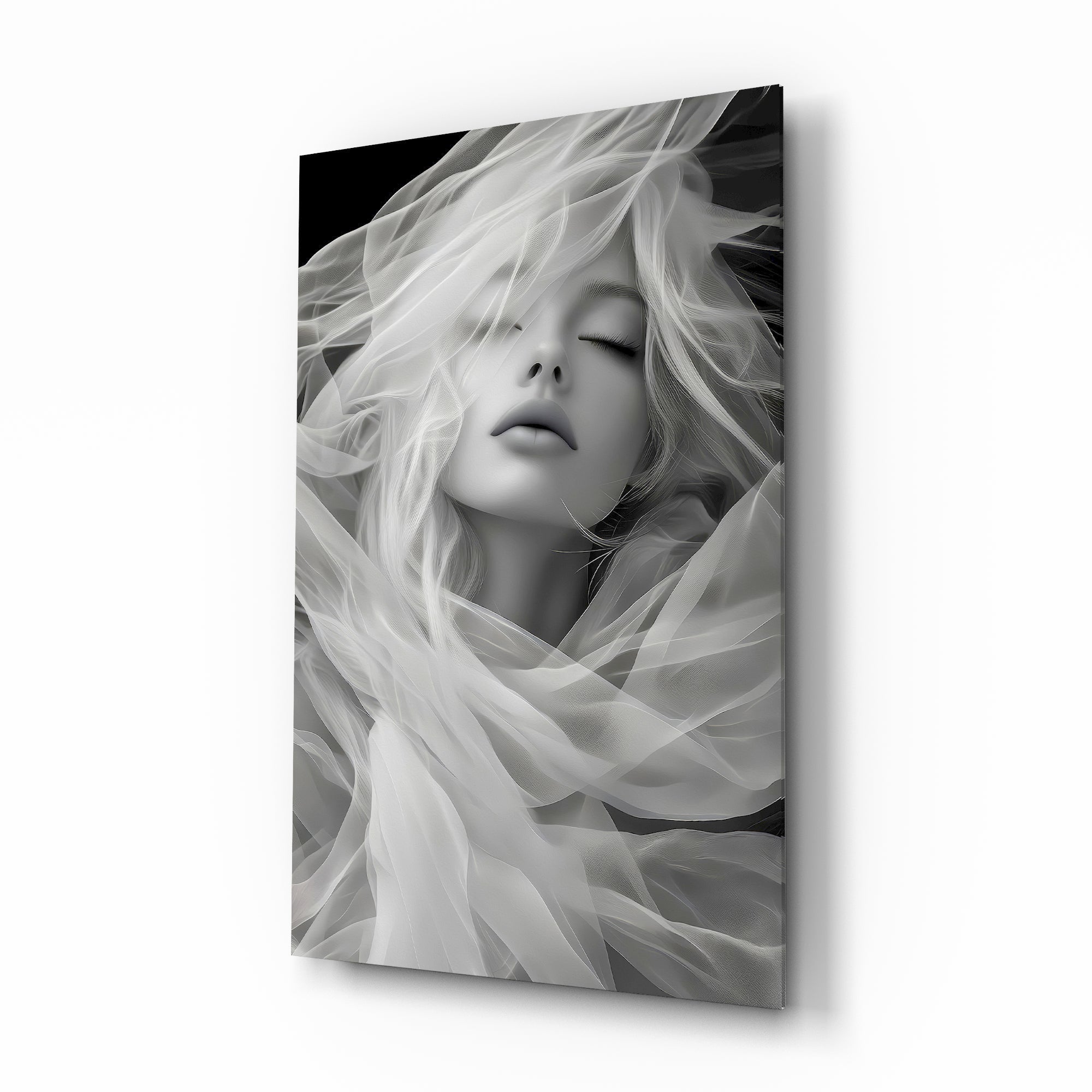 Tulle veil bridal muse cinematic glass wall art over walnut console in designer wedding venue suite