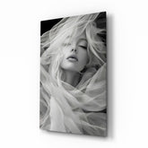 Tulle veil bridal muse cinematic glass wall art over walnut console in designer wedding venue suite