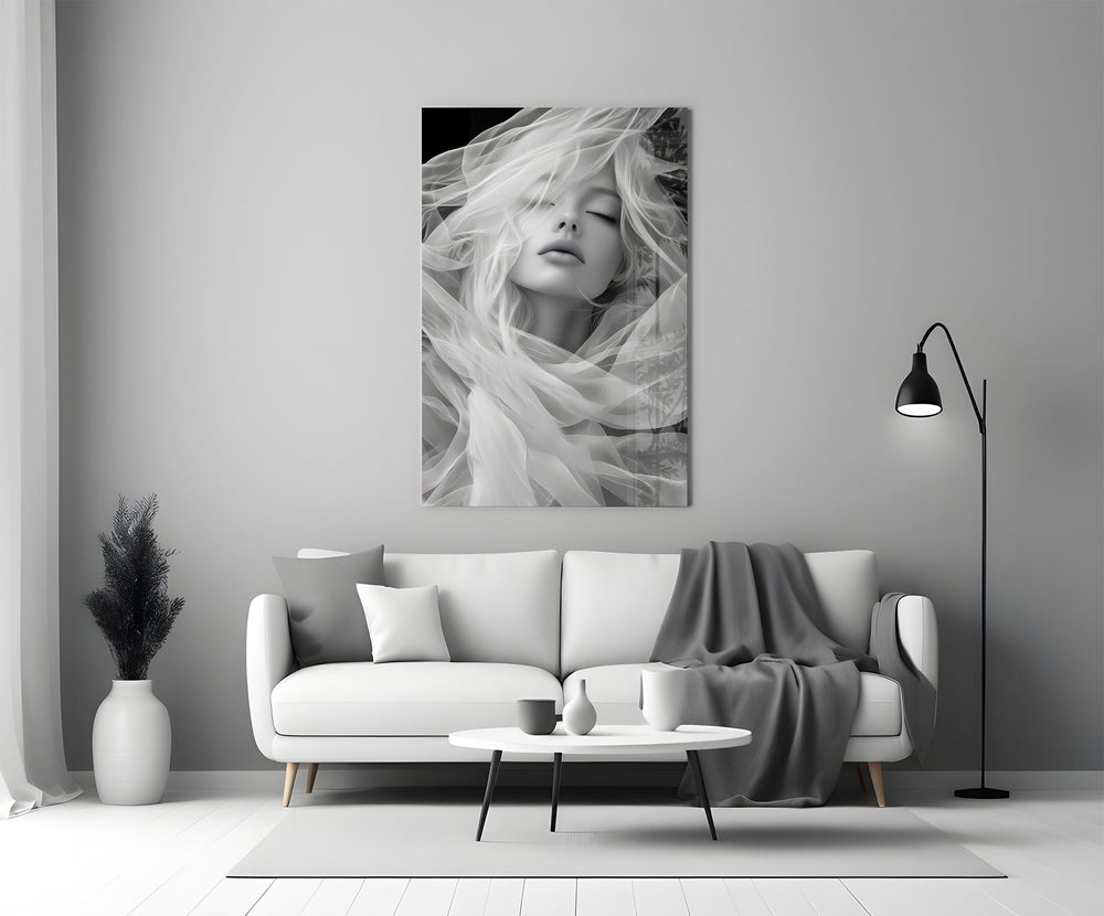 Helmut-Newton style cinematic glass wall art in heritage stairwell