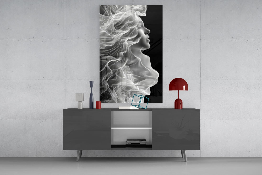 Breath-soul portrait cinematic glass wall art in light-filled atelier