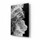 Smoke profile muse cinematic glass wall art over walnut console in designer wellness clinic